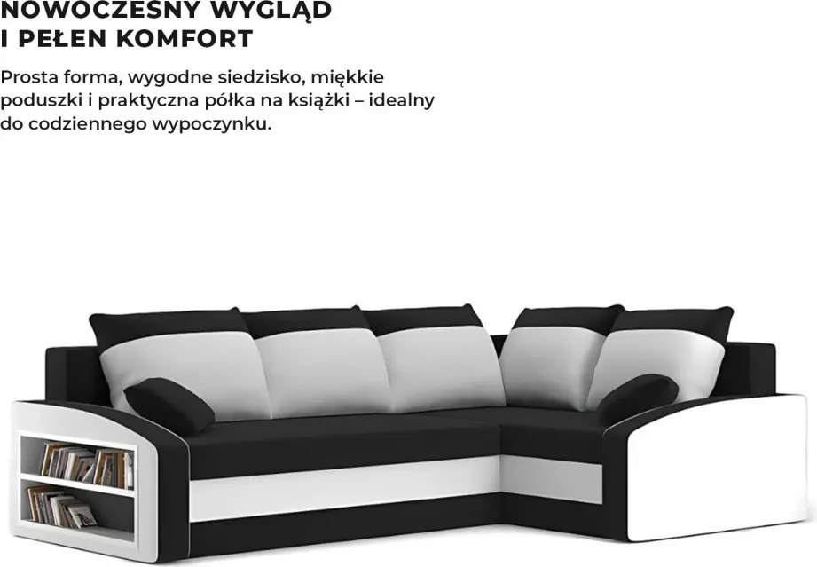 Grande sarokkanapé polcokkal , polc a bal karfaban, jobboldali, szövet anyag, hab töltet, fekete - fehér