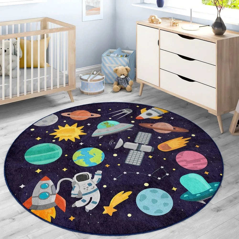 Sötétkék mosható gyerek játszószőnyeg ø100 cm Into The Space – Mila Home