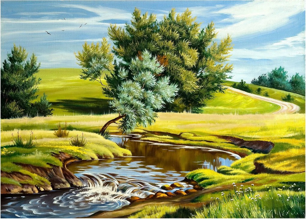 Kép - folyó a rétek között,, olajfestmény (üvegen) (70x50 cm)