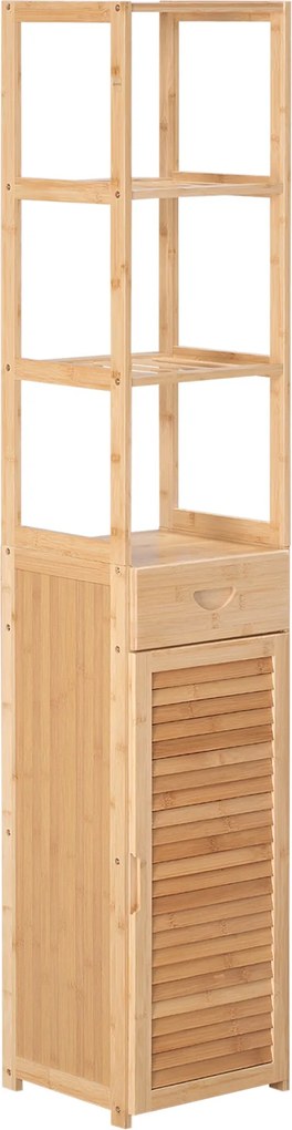 kleankin Fürdőszobai Szekrény Tárolószekrény Fiókkal, Három Polccal, Nyitott Rekesszel, Bambuszból, Magas Szekrény Fürdőszobába és Nappaliba, 32 x 30