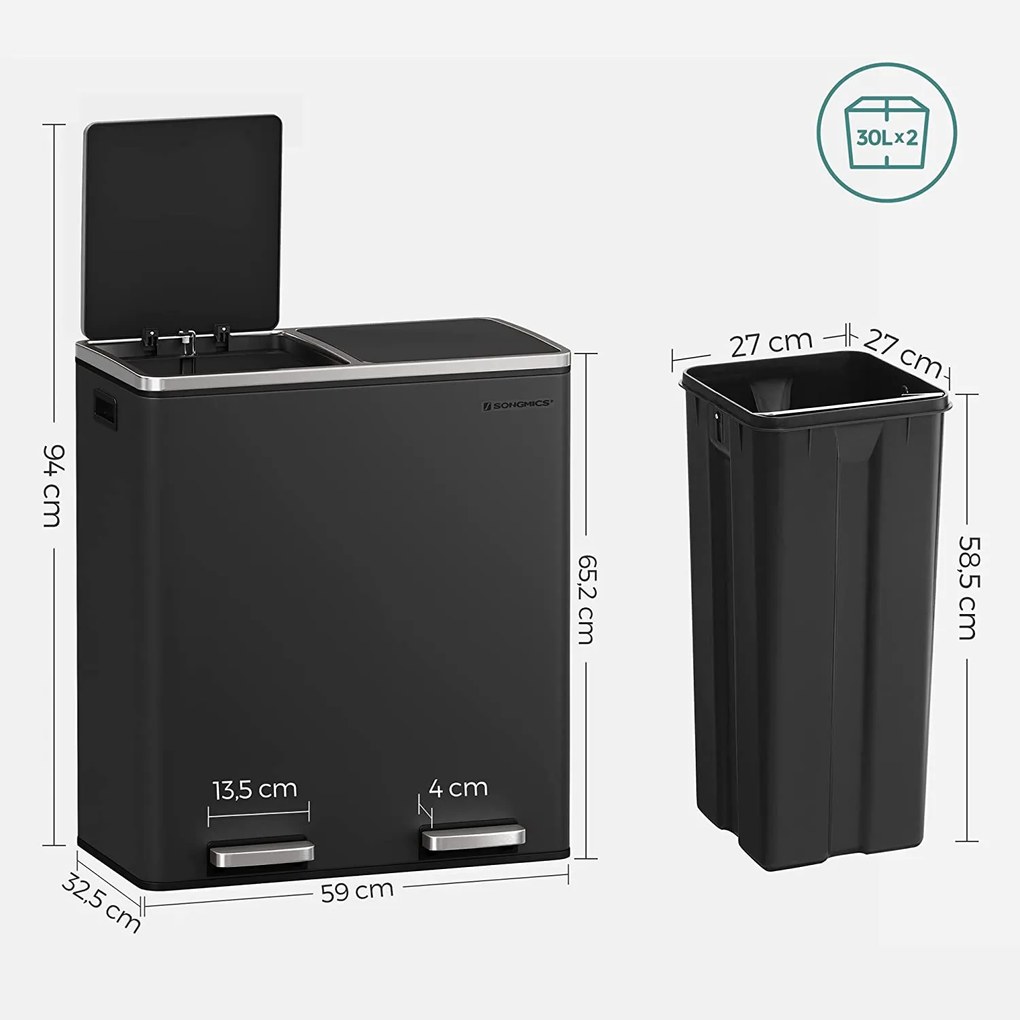 Légmentes fém pedálos dupla szemetes 2 x 30L, 15 szemeteszsákkal, fekete