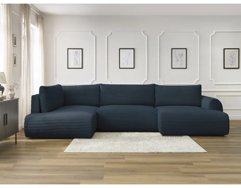 Sötétkék kordbársony kinyitható-tárolóhelyes sarokkanapé (bal oldali-U alakú) Lucien – Bobochic Paris