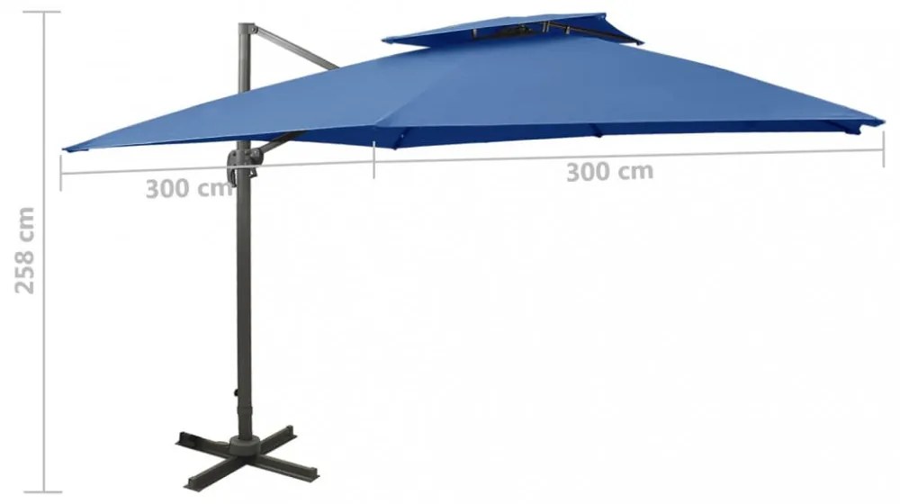 azúrkék dupla tetejű konzolos napernyő 300 x 300 cm