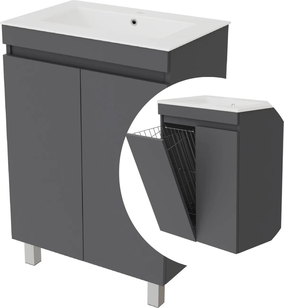 Fürdőszoba szekrény mosdóval és kosárral 2in1 Ribera 60 Grafit matt mosógéphez