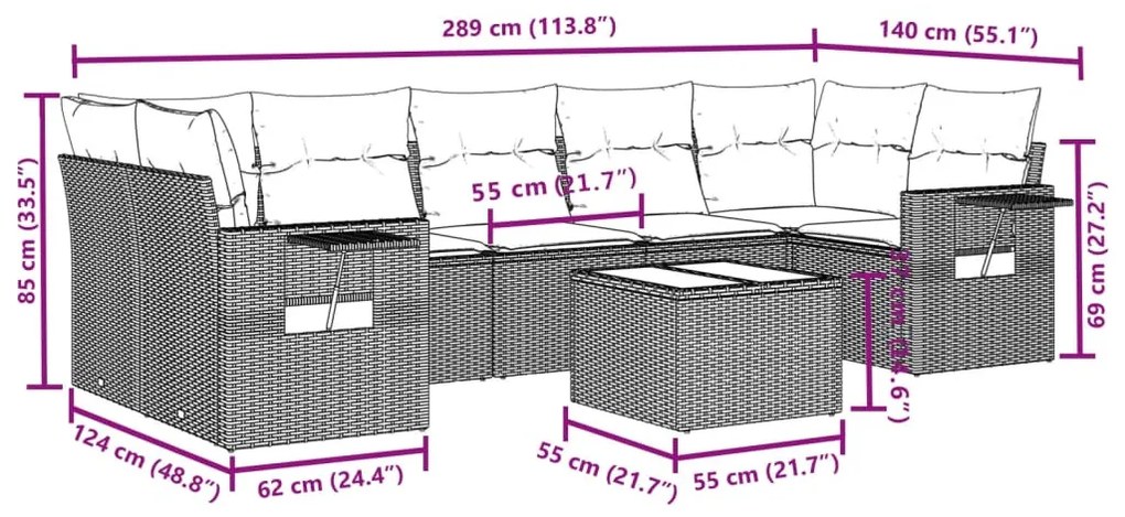 8 részes fekete polyrattan kerti ülőgarnitúra párnákkal