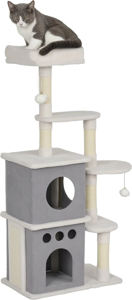 PawHut 126 cm-es Macska Kaparófája Fészkekkel, Platformokkal, Lógó Labdákkal és Zsinóros Pálcákkal Krém | Aosom