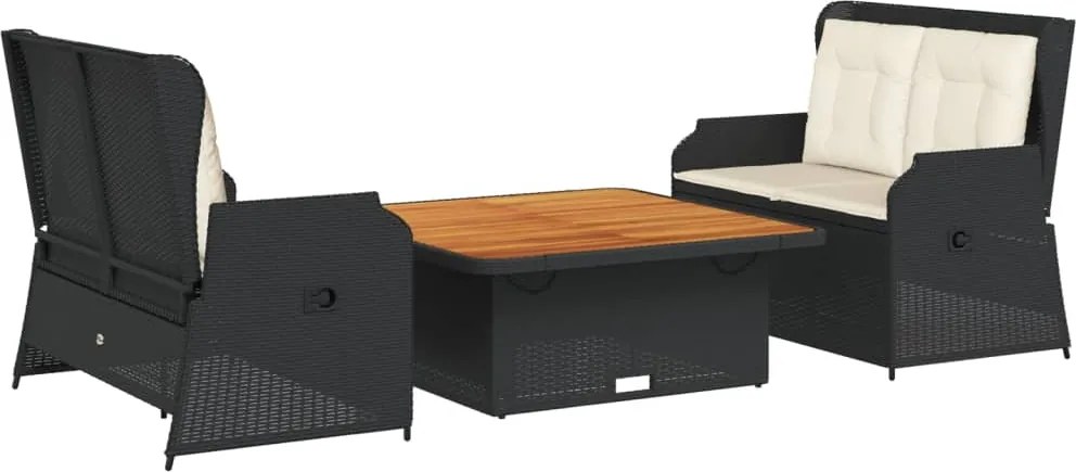 vidaXL 3 részes fekete polyrattan kerti ülőgarnitúra párnákkal