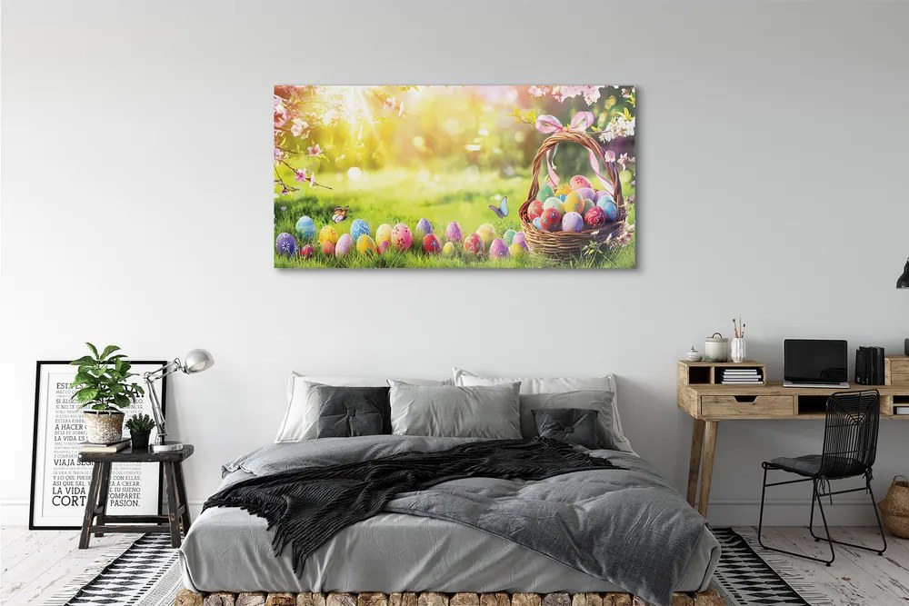 Üvegképek Kosár tojás virág rét 120x60cm