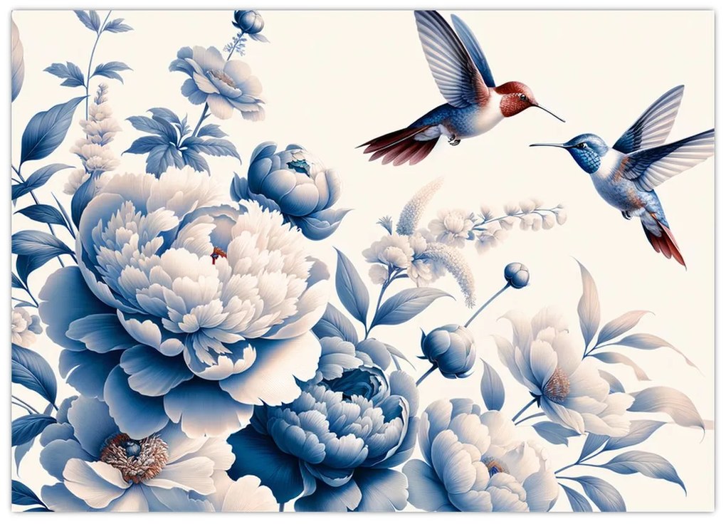 Üveg kép - Kolibrik a virág felett (70x50 cm)