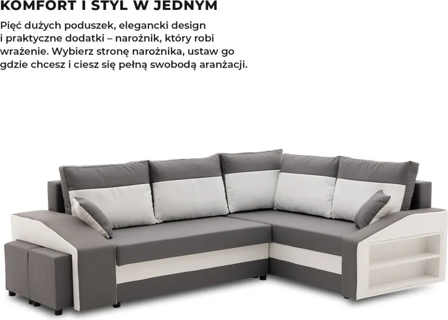 Grande sarokkanapé polcokkal és puffokkal , polc a jobb karfaban puffok a bal karfaban, jobboldali, szövet anyag, bonell töltet, szürke - fehér