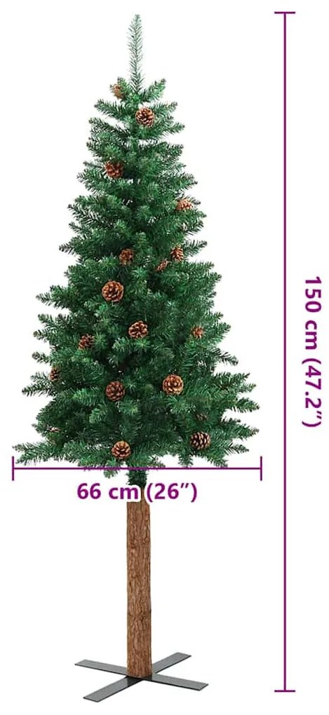 zöld PVC vékony karácsonyfa valódi fával és tobozzal 150 cm