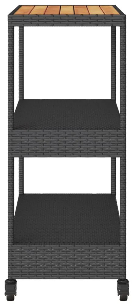3 szintes fekete polyrattan és tömör akácfa zsúrkocsi