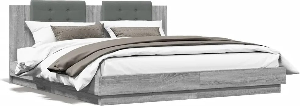 vidaXL szürke sonoma színű szerelt fa ágykeret fejtámlával 200x200 cm