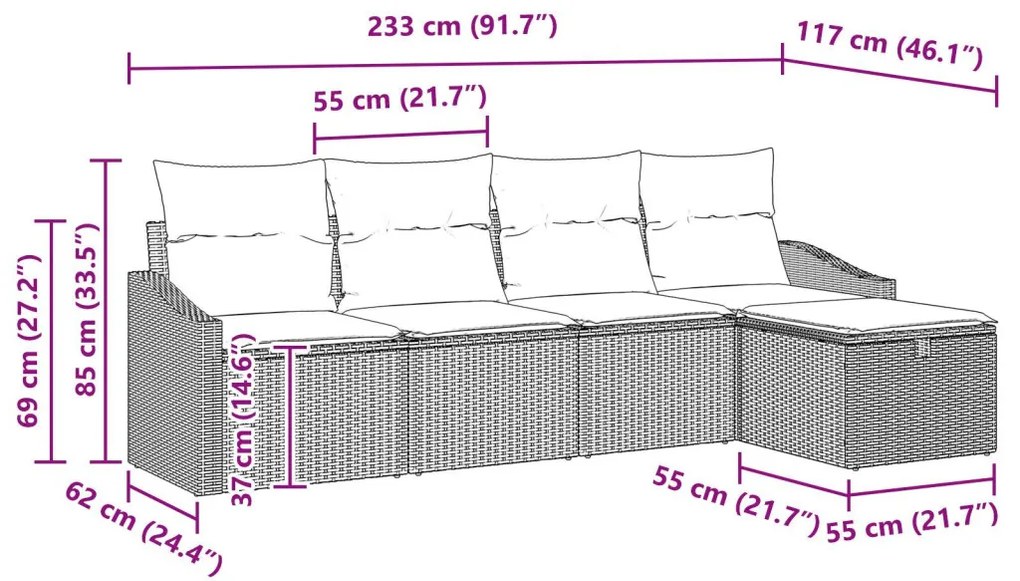 5 darabos Kert Kanapékészlet párnákkal Barna Poly Rattan