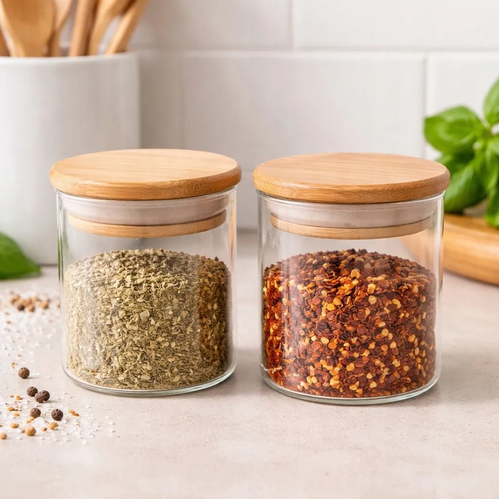 2 db üveg tégely szilikon tömítéssel fa fedél