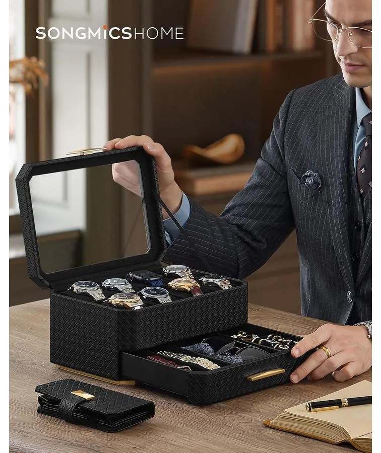 8 rekeszes óratartó doboz, tintafekete