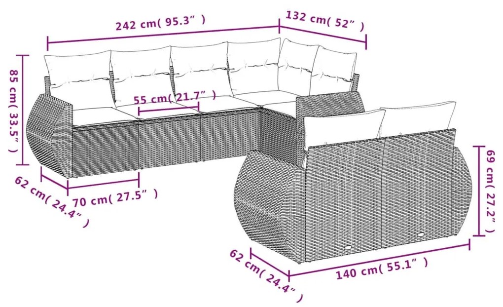 7 részes barna polyrattan kerti ülőgarnitúra párnákkal