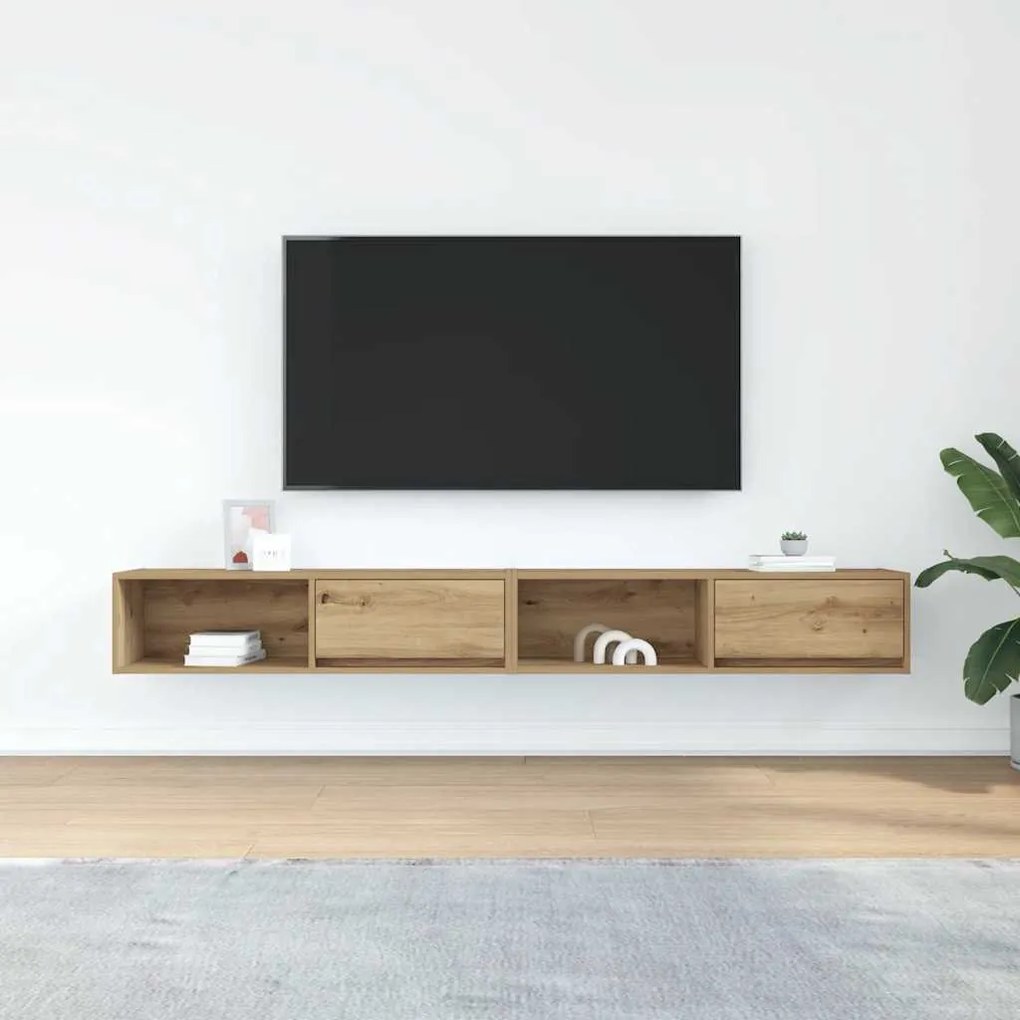 2 db kézműves tölgy színű szerelt fa TV-szekrény 100x31x25,5 cm