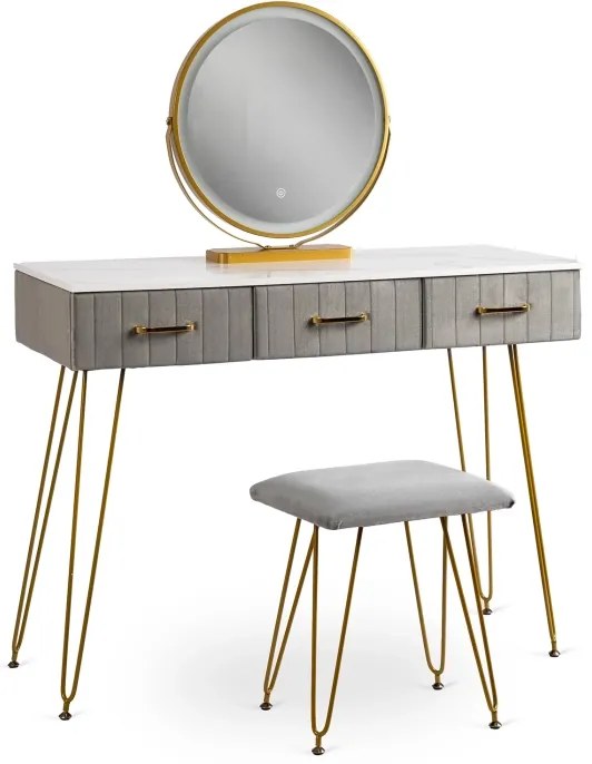 Sandy sminkasztal szürke/arany - LED tükörrel és taburettel