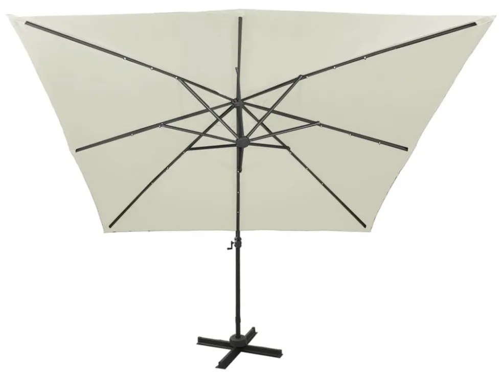 homokszínű konzolos napernyő rúddal és LED-fényekkel 300 cm