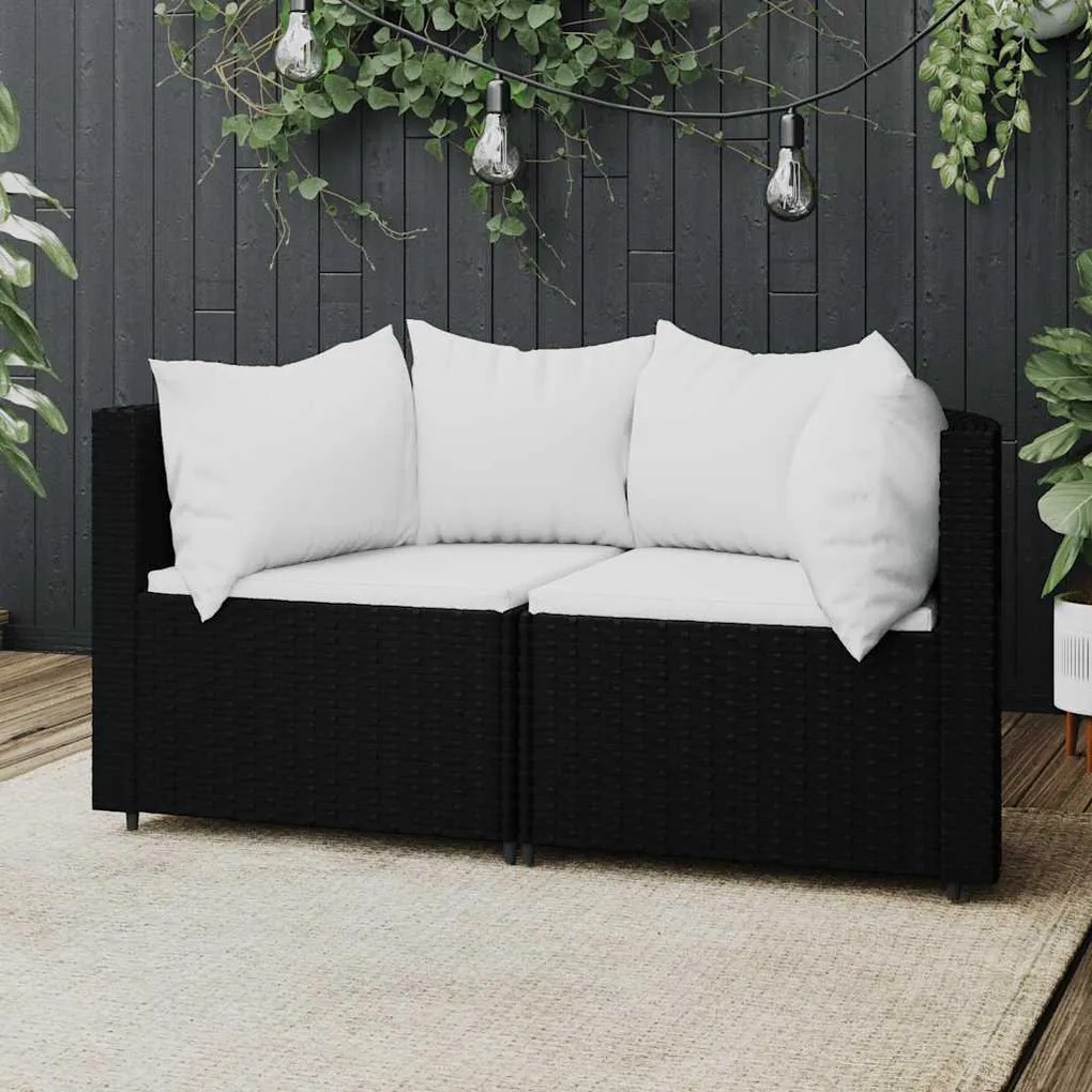 2 db fekete polyrattan kerti sarokkanapé párnákkal