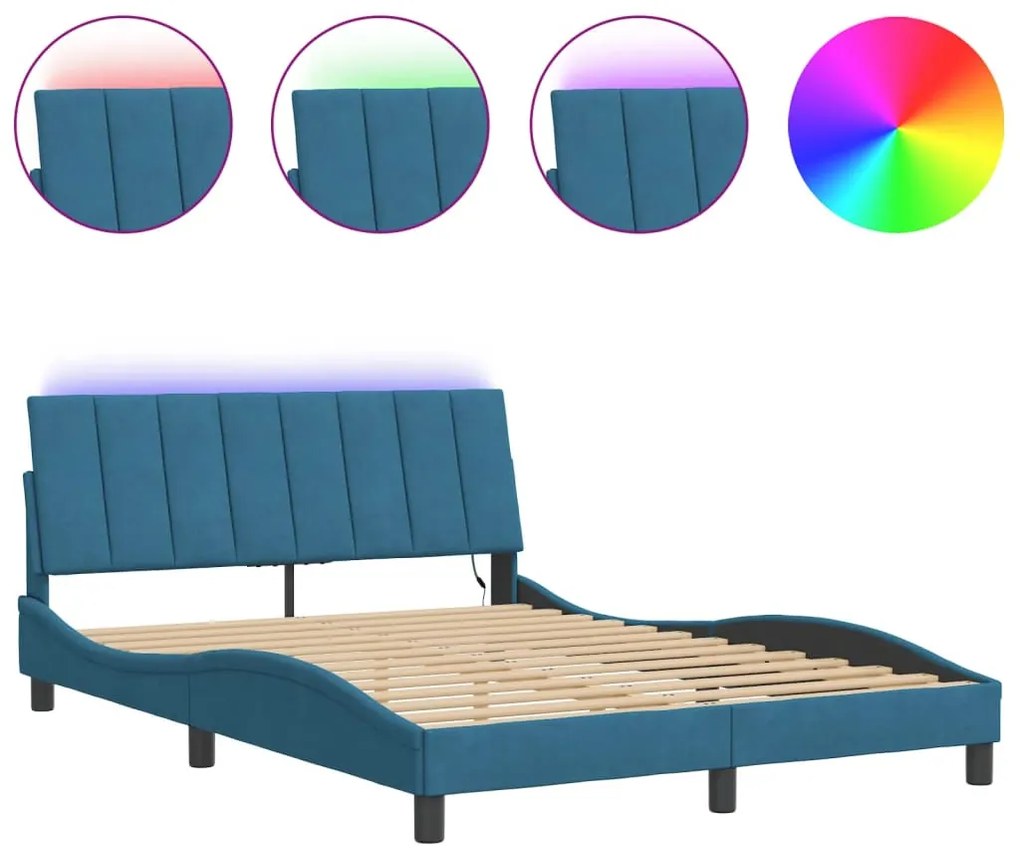kék bársony ágykeret LED-ekkel matrac nélkül Hanko 140 x 190 cm