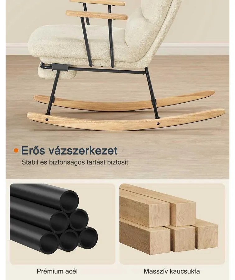 Hintaszék fa lábakkal, plüss szövettel, 4 fokozatban állítható háttámlával,  krémfehér