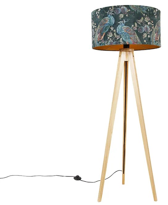 Modern állólámpa fa, szövet árnyékoló fekete páva mintával 50 cm - Tripod Classic