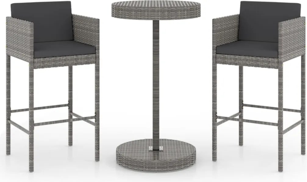 vidaXL 3 részes szürke polyrattan kerti bárszett párnákkal