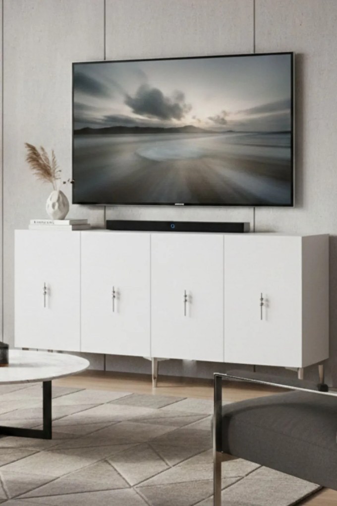 Komód, fehér-ezüst, 125 cm