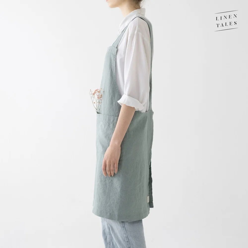 Crossback zöld len kötény, hosszúság 80 cm - Linen Tales