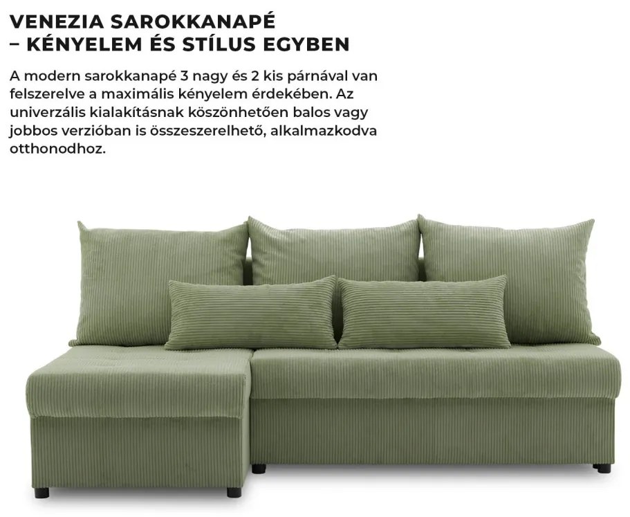 Venezia sarokkanapé, kordbársony, univerzális oldal, hab töltet, zöld