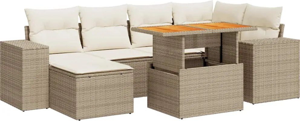 vidaXL 7 részes bézs polyrattan kerti ülőgarnitúra párnákkal