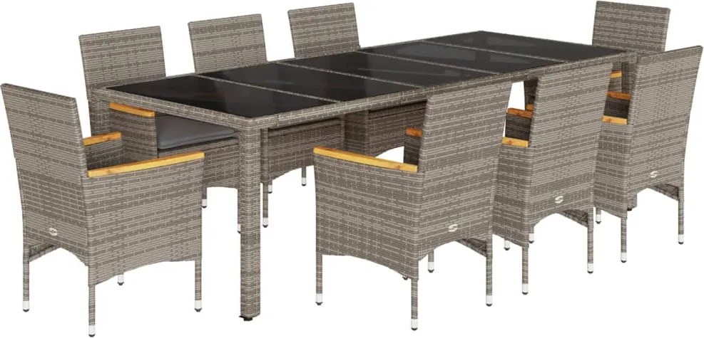 vidaXL 9 részes szürke polyrattan/üveg kerti étkezőgarnitúra párnával