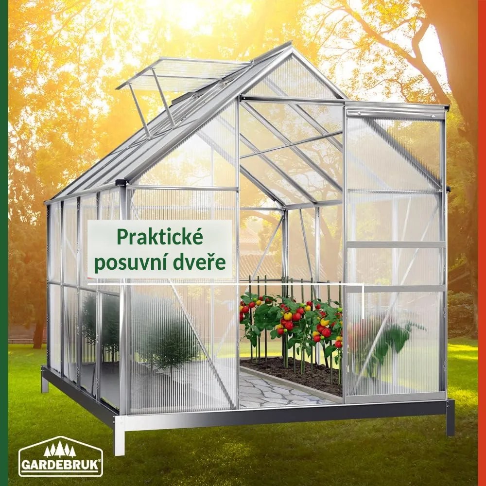 Gardebruk M4 polikarbonát kerti üvegház alappal, 250x190x195cm, átlátszó