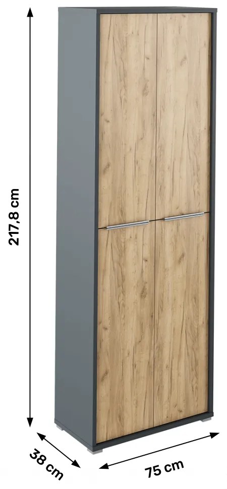Magas szekrény polcokkal, grafit/tölgyfa artisan, RIOMA NEW TYP 05