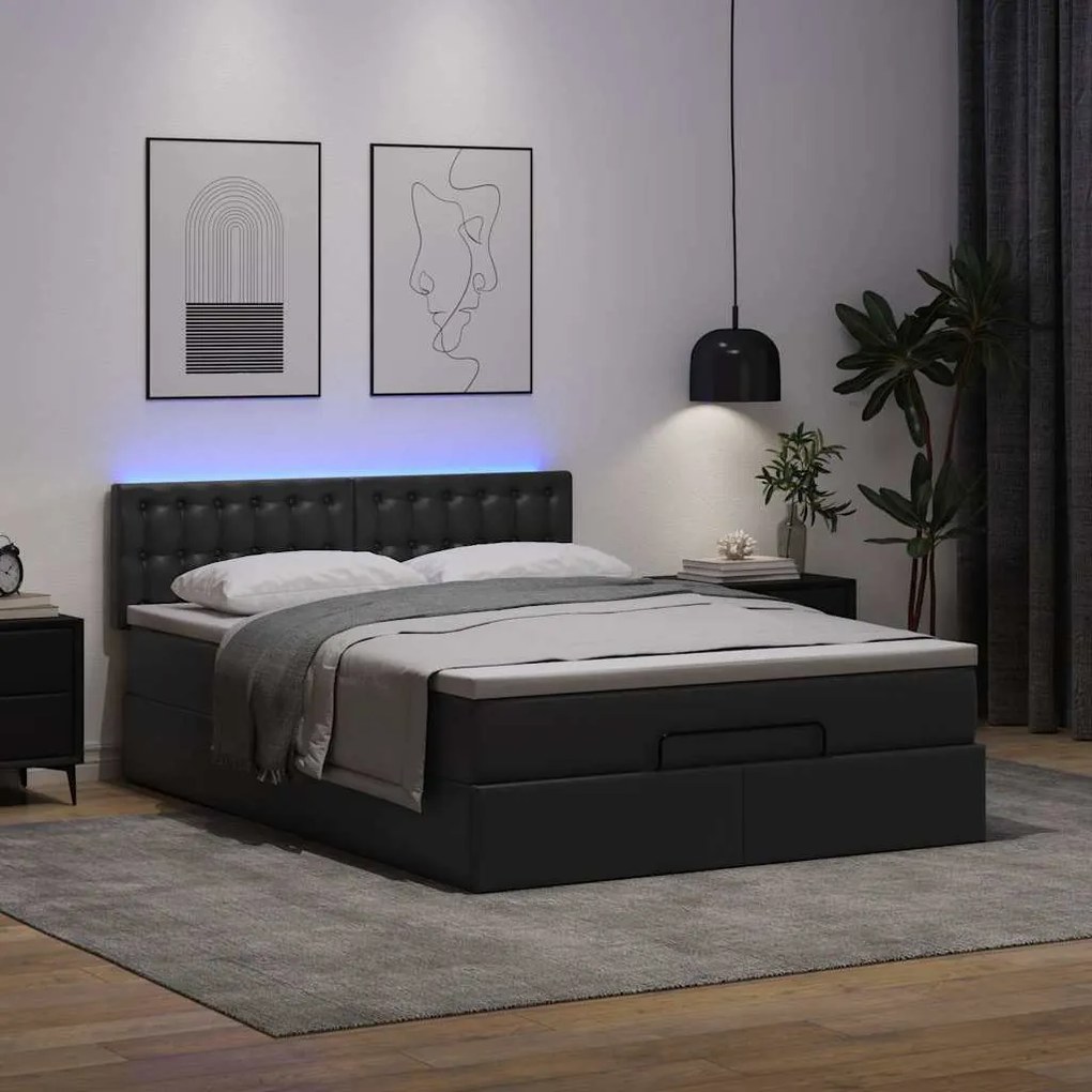 fekete műbőr ottomán ágy matracokkal &amp; LED-ek 140x200cm