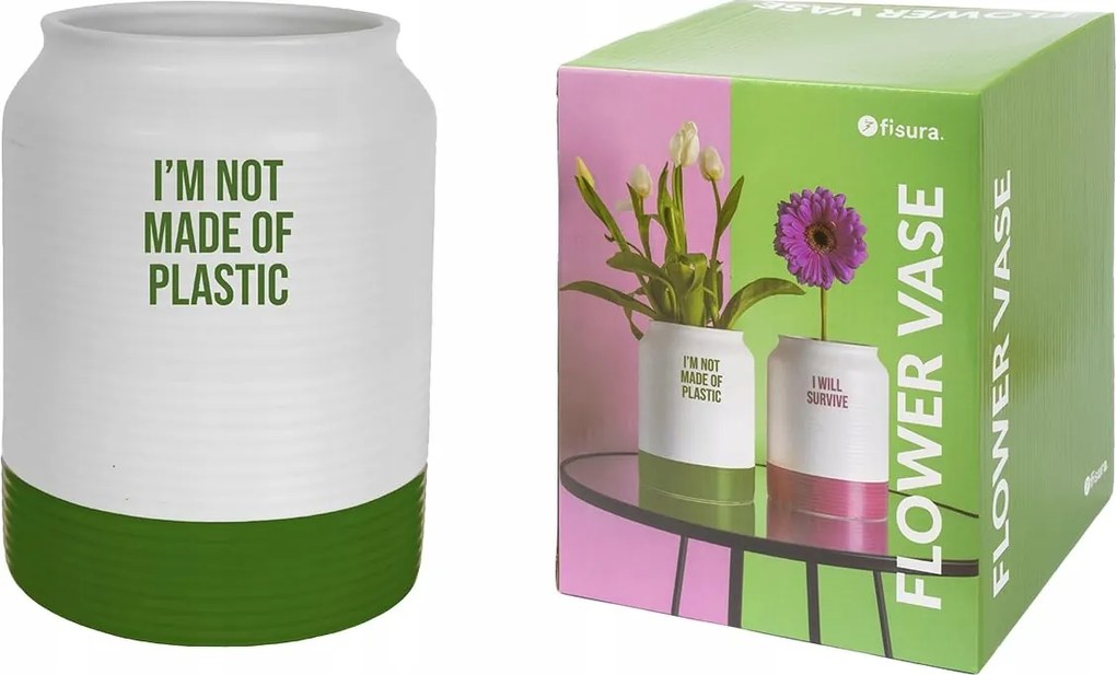 Zöld dekoratív váza 'I'm not made of plastic' felirattal 14,9cm