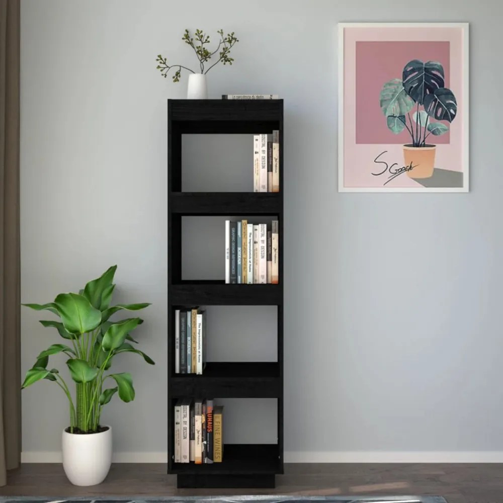 fekete tömör fenyőfa könyvszekrény/térelválasztó 40x35x135 cm