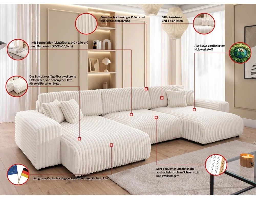 Krémszínű kordbársony kinyitható-tárolóhelyes sarokkanapé (U alakú) Sarina – Ropez