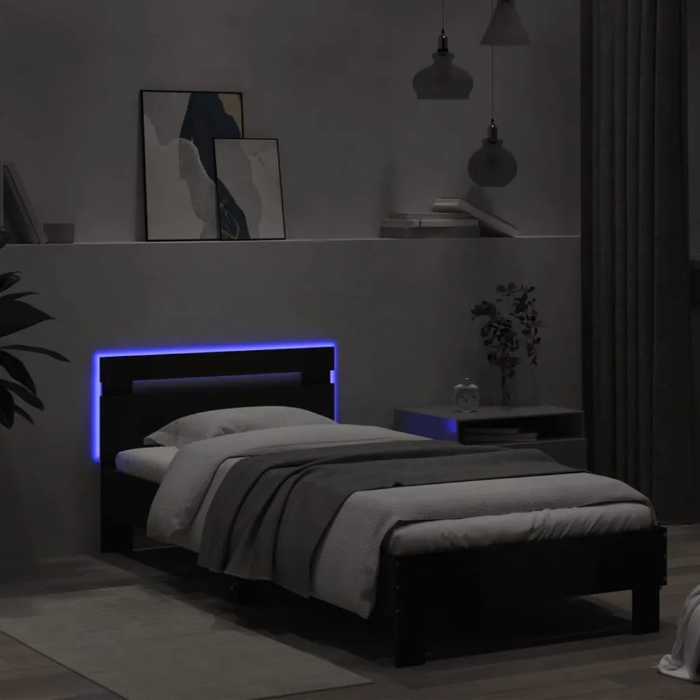 fekete ágykeret fejtámlával és LED-világítással 90 x 200 cm