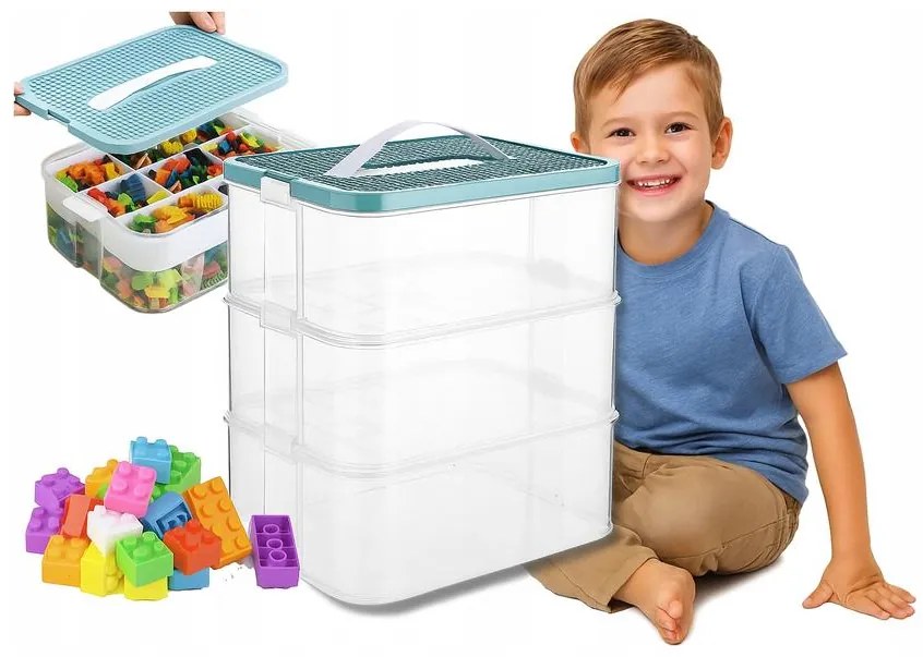 3 szintes építőkocka rendszerező doboz rekeszekkel, fogantyúval