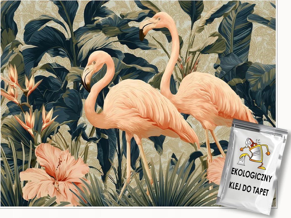 Fotótapéta Flamingók Levelek Virágok Zöld Falra Hálószoba Nappali 150x105