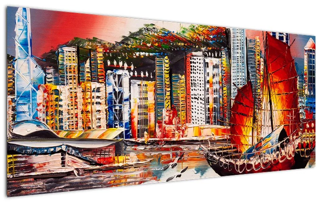 Kép - Victoria Harbour, Hong Kong, olajfestmény (120x50 cm)