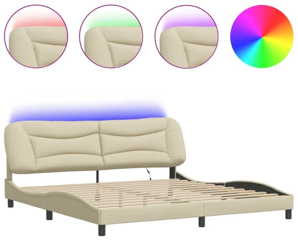 krémszínű szövet ágykeret LED-ekkel matrac nélkül 200 x 200 cm