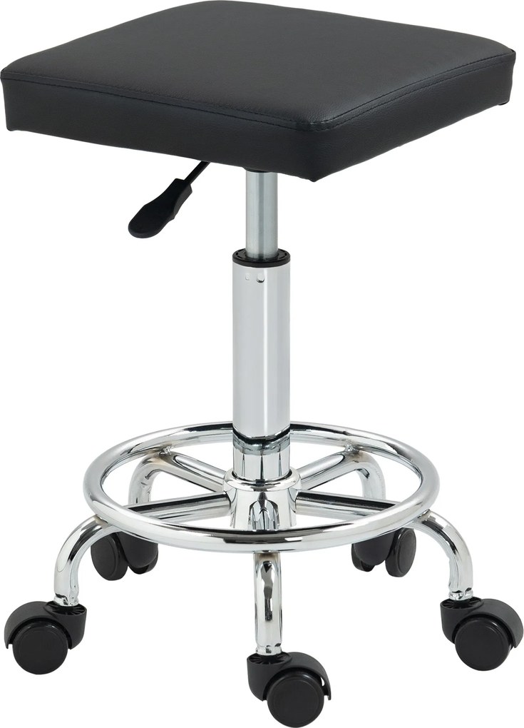 HOMCOM Forgó Bárszék Kerekekkel, Magasságállítás 50-66 cm, Párnázott Műbőr Ülés, Lábpihentető, Fekete | Aosom