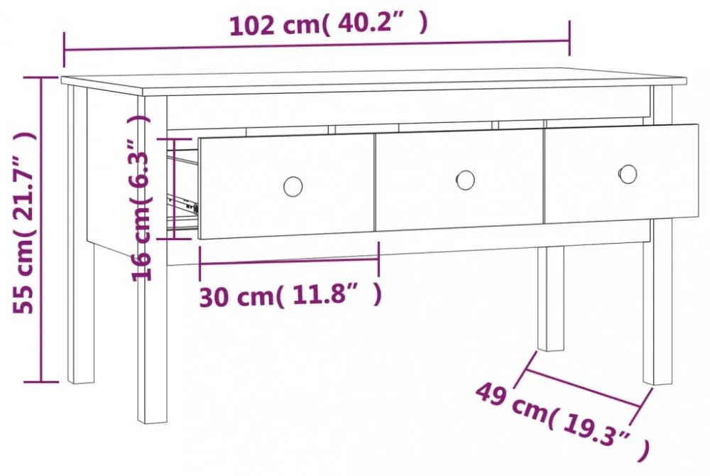 vidaXL mézbarna tömör fenyőfa dohányzóasztal 102 x 49 x 55 cm