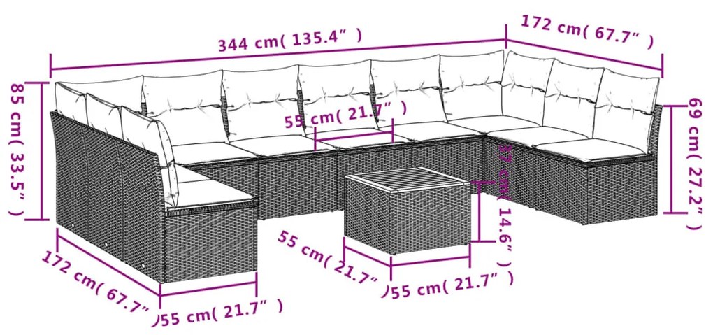 11 részes szürke polyrattan kerti ülőgarnitúra párnákkal