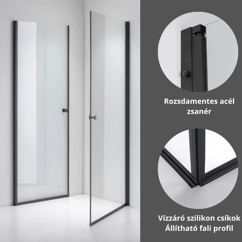 Stuxi Bari Duo Black 70x90 aszimmetrikus 2 nyíló ajtós zuhanykabin 6 mm vízlepergető biztonsági üveggel, matt fekete