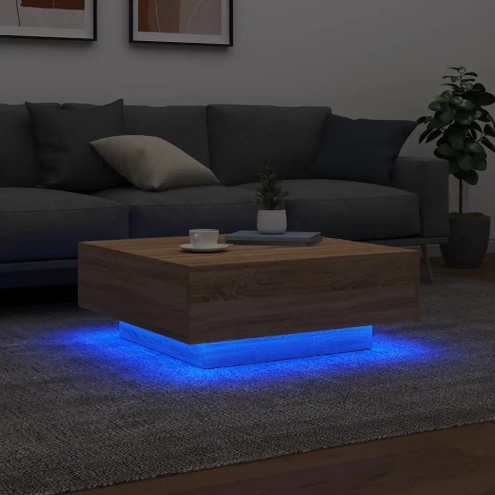 Sonoma tölgy színű dohányzóasztal LED-lámpákkal 80 x 80 x 31 cm